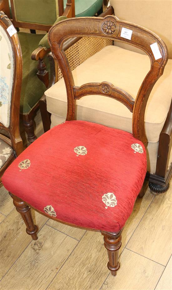 A dining chair, in red fabric